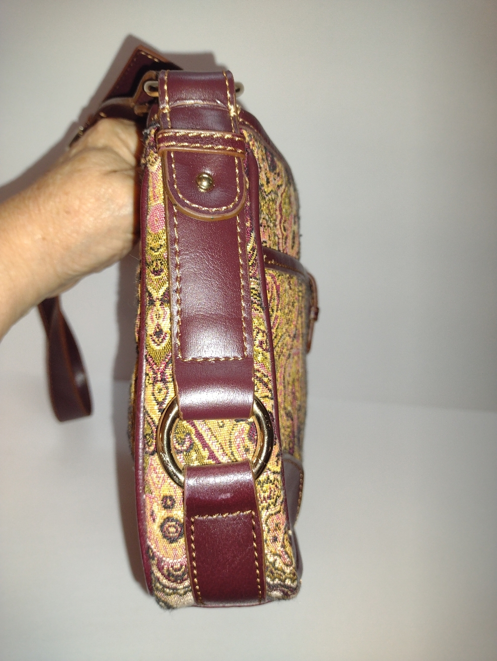 Etienne Aigner Paisley Tapestry Shoulder Bag Brown Faux Leather Trim Charm Clean - Picture 10 of 11